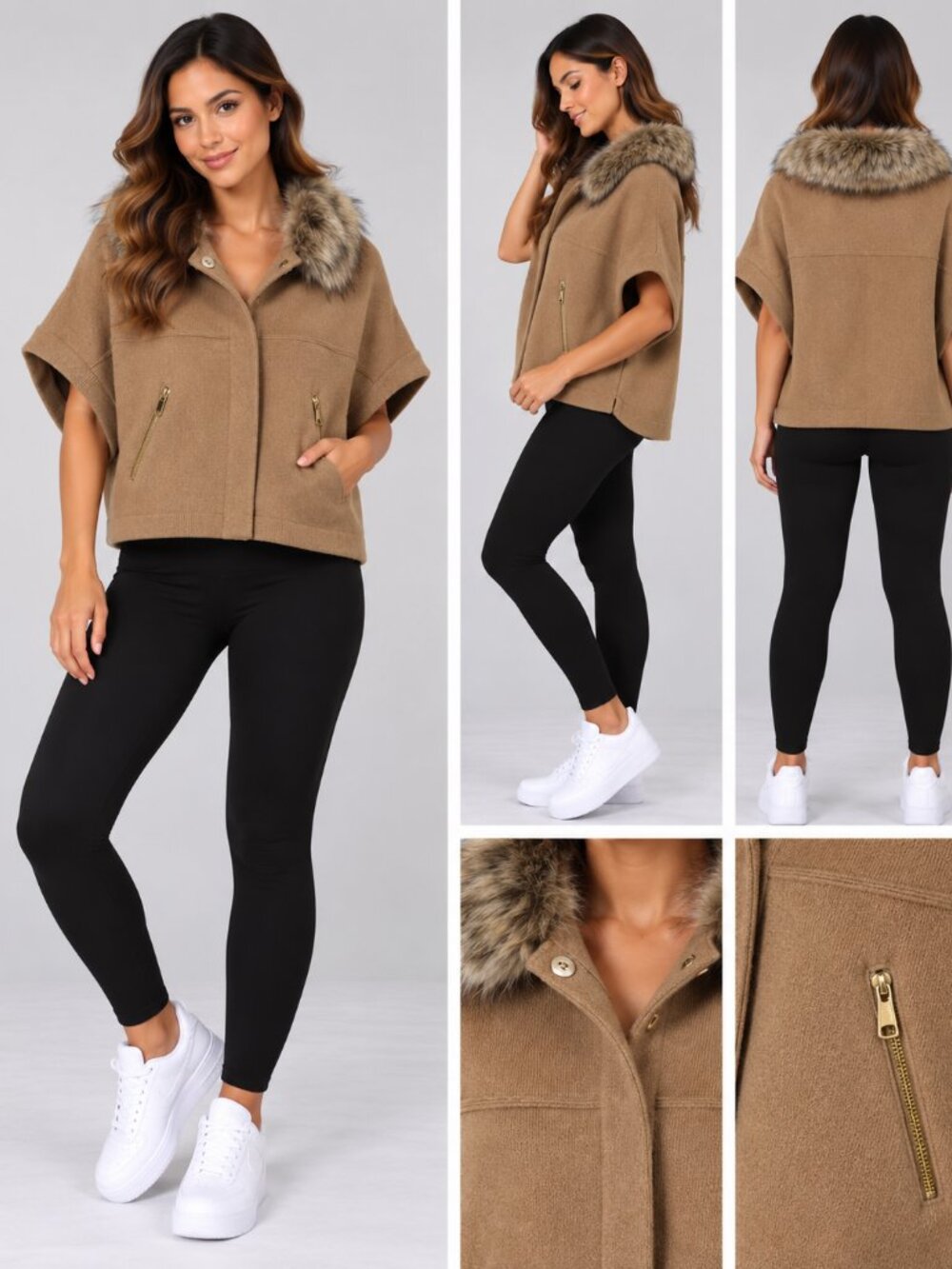 Dolce Cabo Camel Faux Fur Trim Capelet Jacket M/L